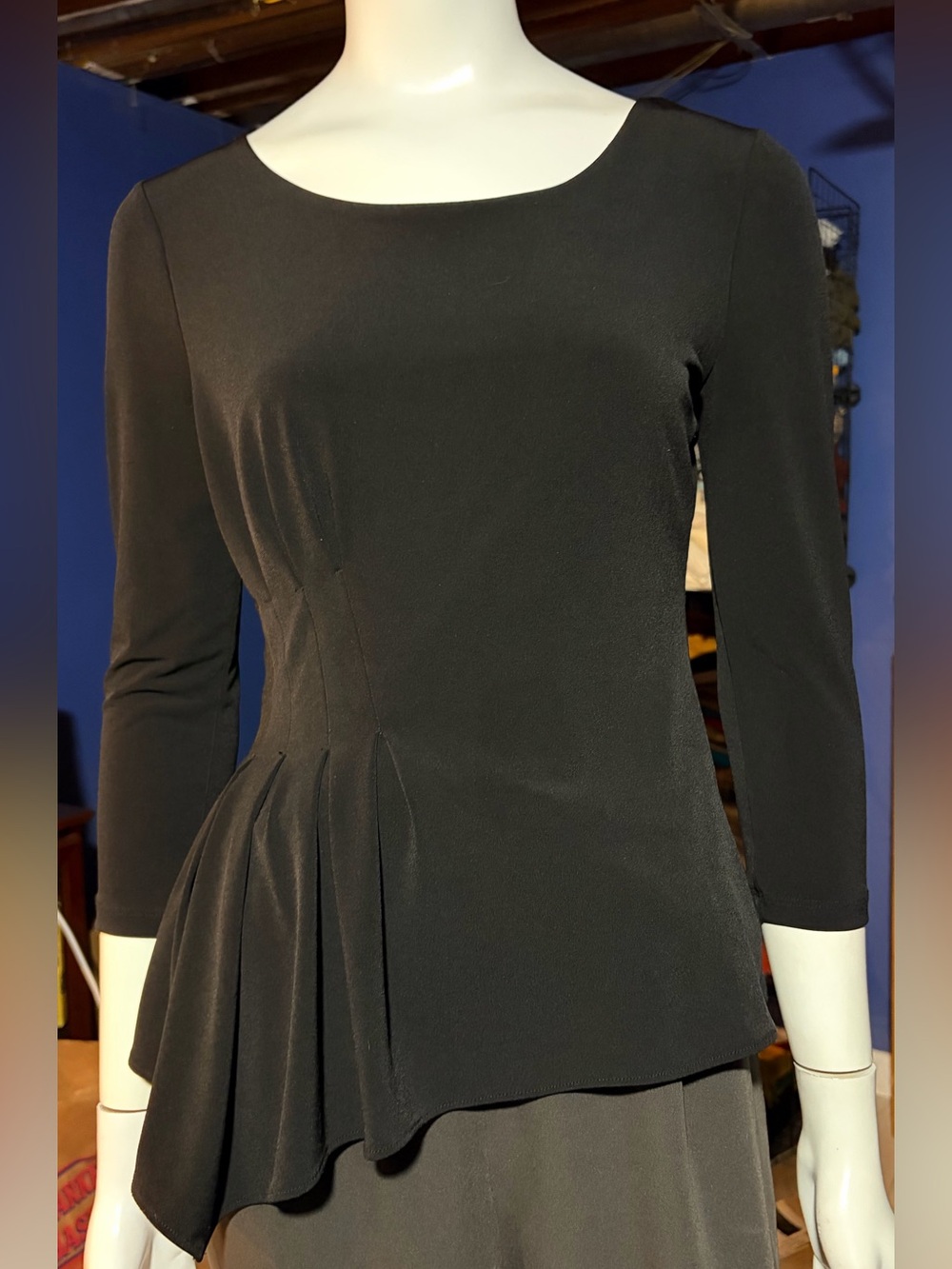 White House Black Market Black Pleated Peplum Knit 3/4 Sleeve XS Fits like Small